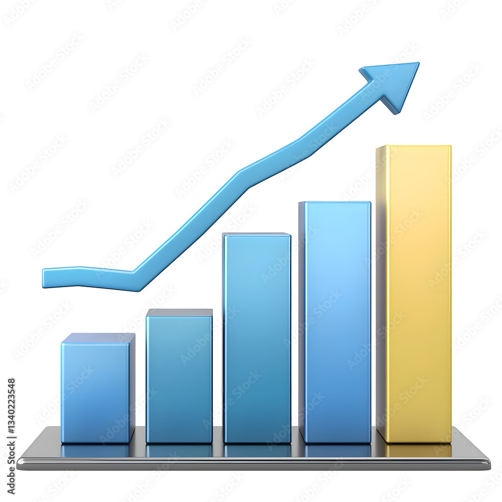 Aufkleber A modern glossy 3D bar chart with a soft gradient and an upward pointing arrow visualizing financial trends business performance and overall success