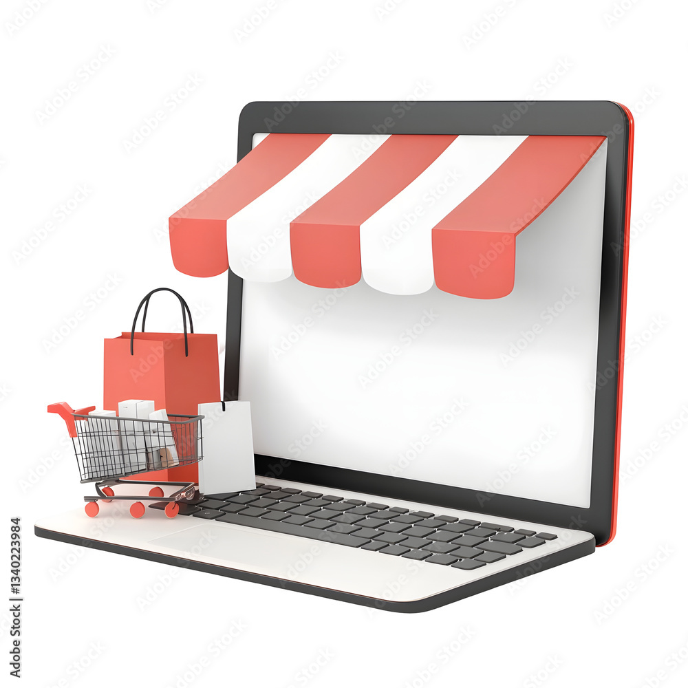 Poster a modern 3d laptop icon depicting an e commerce website with a glossy transparent appearance represe