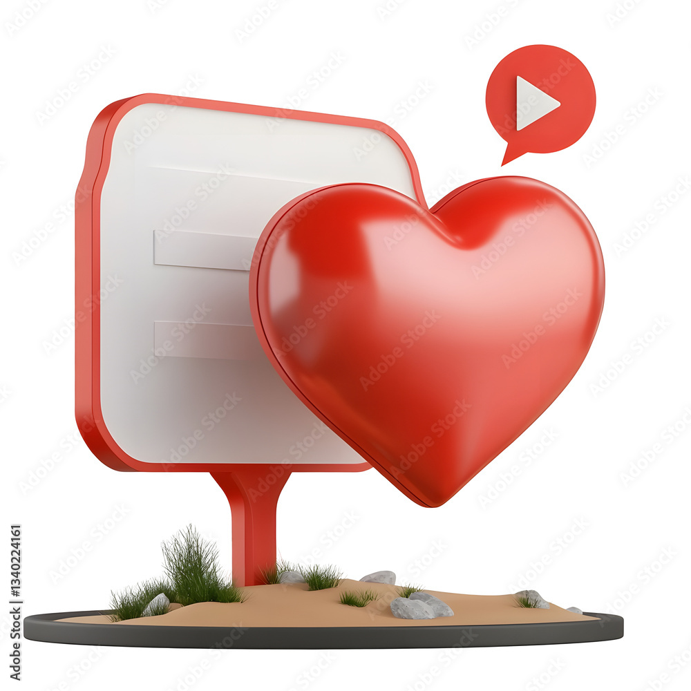 Aufkleber A 3D crystalline and reflective heart shaped social media notification icon displayed within a speech bubble set against a transparent background