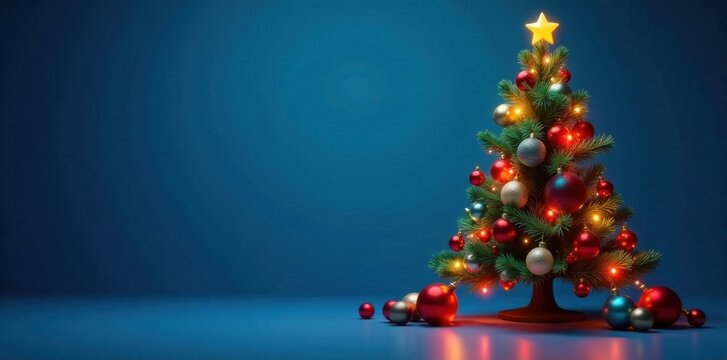 Colorful modern Christmas tree with ornaments and lights against blue background, holiday, decoration, trees