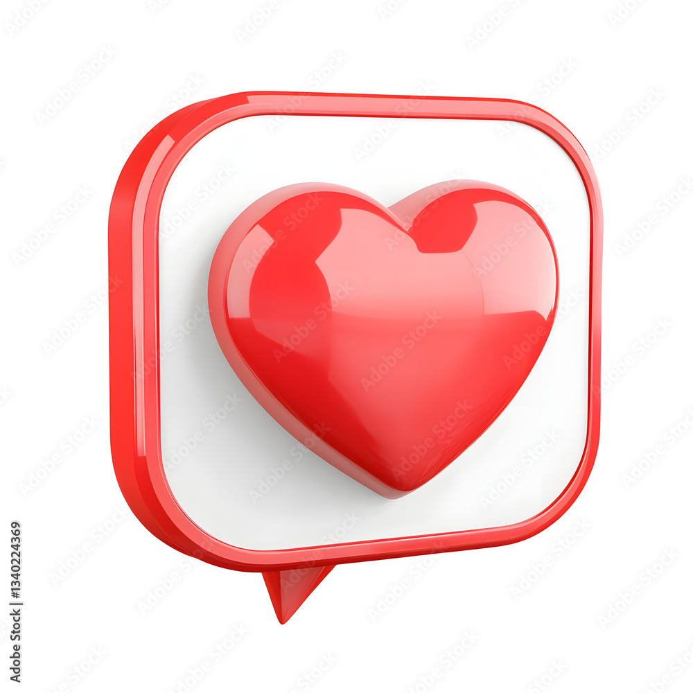 Poster A modern and stylish 3D heart notification floating inside a shimmering reflective speech bubble representing social media appreciation on a transparent background