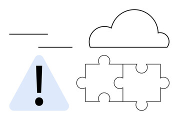 Cloud outline, two connected puzzle pieces, alert triangle with exclamation mark, and speed lines. Ideal for teamwork, problem-solving, connectivity, data collaboration caution strategy. Flat