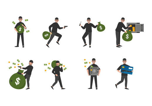 Colorful Cartoon Bank Robbery Illustration Set