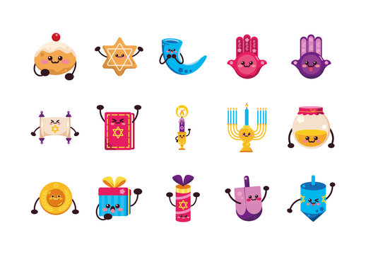 Colorful Hanukkah Festive Kawaii Icons Set