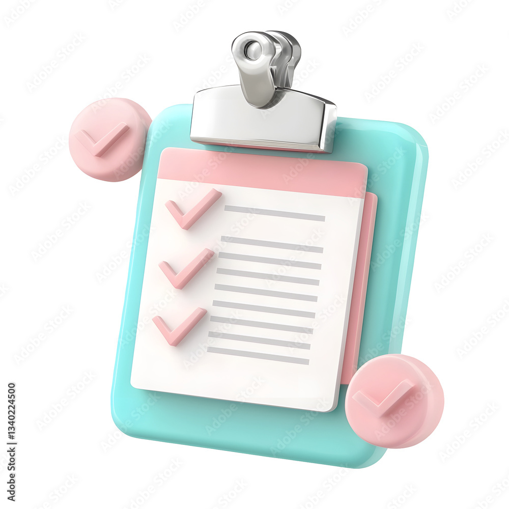 Poster a sleek and modern 3d clipboard with a reflective transparent surface and a detailed checklist for n
