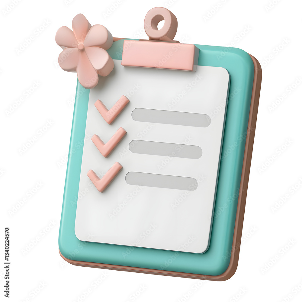 Poster Sleek and transparent 3D clipboard holding a checklist note for reminders and reports floating on a clean white background