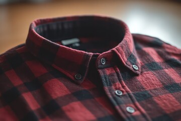A red and black checked flannel shirt with polished buttons, displayed neatly on a flat surface, emphasizing the fabrica??s texture.