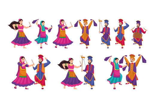 Colorful Sikh Bhangra Folk Dance Celebration Illustration Set
