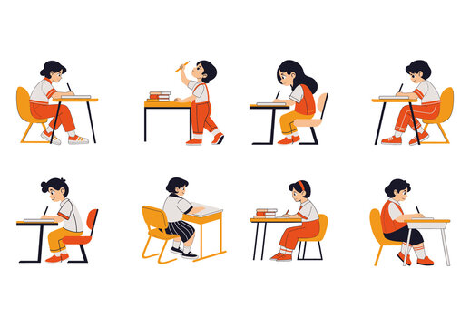Colorful School Students Studying Learning Education Illustration Set