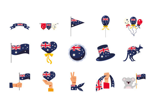 Red And Blue Australia National Symbols Decorative Icons Set