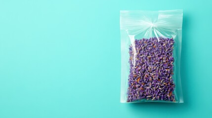 Purple lavender buds in a clear plastic bag on a light teal background. The bag is sealed and tied with a small white string.