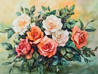 Watercolor Roses Bouquet  Romantic Flowers Painting
