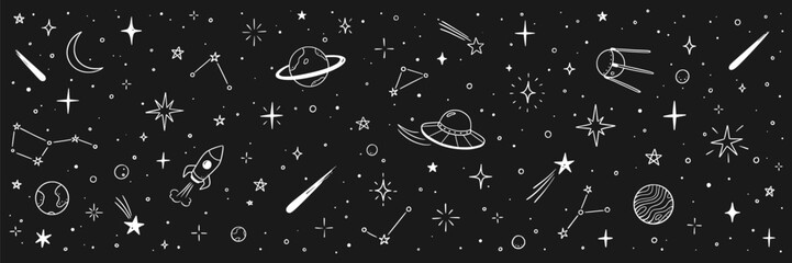 Space star vector kid background. Hand drawn doodle sketch style star space cute galaxy background. Hand drawn kid galaxy universe doodle pattern. Planet, rocket, moon element. Vector illustration. © Polina Tomtosova