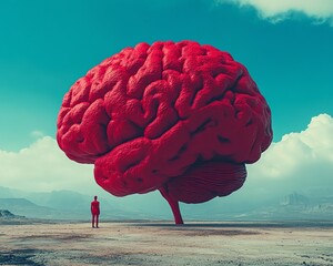 Miniature human figure standing beneath a giant red brain, symbolizing the immense complexity and power of human cognition, surreal mind concept