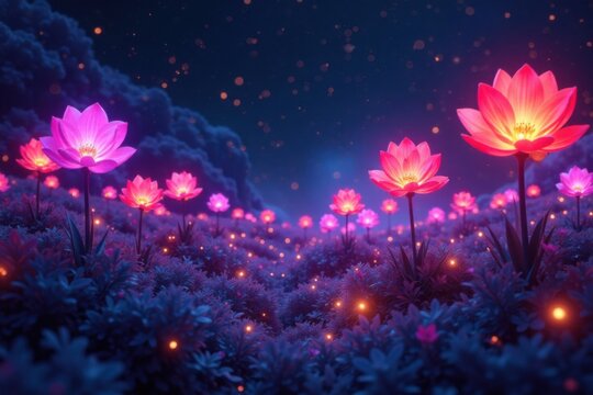 Colorful digital flowers in a futuristic landscape with neon lights and circuitry , modern design, digital elements, vector graphics - Powered by Adobe