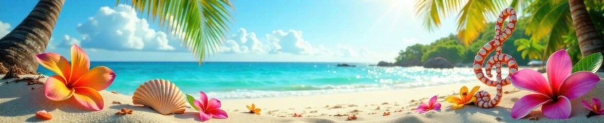 Colorful beach scene with tropical flowers and a treble clef made of seashells, surrounded by palm trees and sunshine, tropical flowers, beach scene