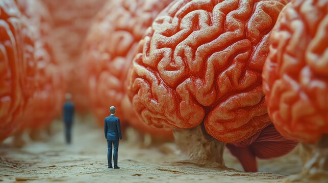 Miniature figure under a massive red brain, symbolizing human intelligence, complexity, and cognitive power, surreal depiction of the minds vast potential