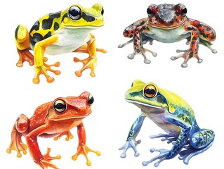 Naklejka premium Vibrant Watercolor Frogs Set of Four Exotic Amphibians