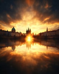 Stunning sunset over prague castle cityscape photography serene lake wide view timeless beauty