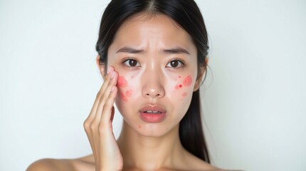 Fototapeta premium A young woman has a red rash on her face, and she looks very worried.