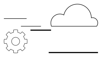 Cloud outline paired with gear and streamlined lines indicating motion, growth, and technology. Ideal for innovation, process, teamwork, development, sharing, creativity and efficiency metaphor