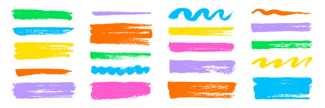 Brush texture stroke pencil color underline highlight. Marker pen highlight stroke. Vector hand drawn brush underline element set for accent, crayon texture emphasis effect. Chalk vector illustration