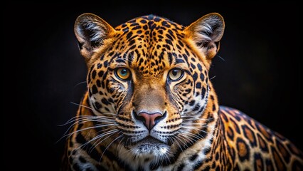 Obraz premium Intense Leopard Gaze: Wild Cat Portrait Against Black Background