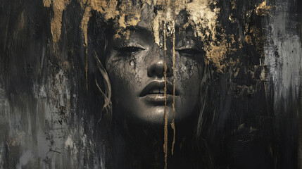 An abstract rendition of a woman's face, partially revealed through layers of cracked paint and rough textures, subtle golden highlights catching the light
