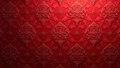 Classic damask design in rich red hues on high-end wallpaper featuring scrollwork and geometric patterns, red, damask