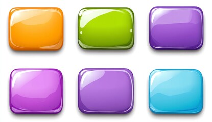 Six glossy, square buttons in various pastel colors orange, lime green, purple, light purple, lavender, and light blue.  Simple, clean design.