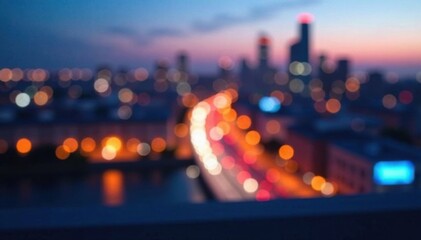 cityscape at dusk blurred lights abstract circular bokeh on blue background, cityscape, city life