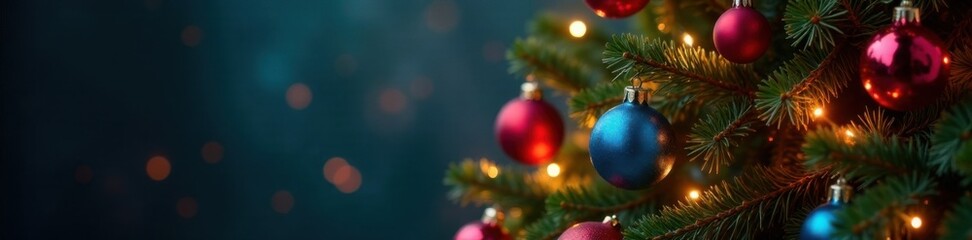 Christmas tree with colorful ornaments and lights, sparkle, holiday, decorations