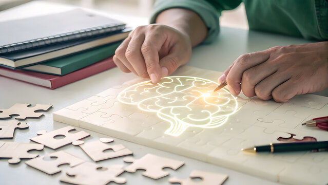 mental health awareness at work and cognitive function concept. close up of hands assembling a glowing brain puzzle