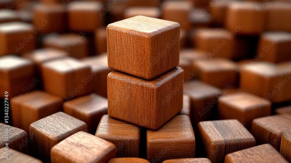 Poster two dark brown wooden blocks stacked on top of each other, surrounded by many smaller similar blocks