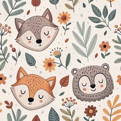 Seamless Animal Illustrations Nature-Themed Art Floral Design Whimsical Style Playful Viewpoint