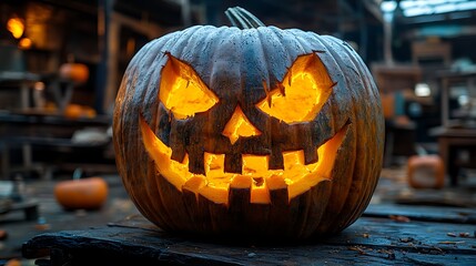 Glowing Jack-o'-lantern on rustic wood.