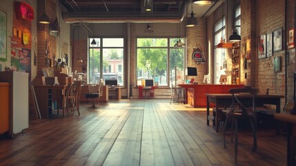 Sunlit industrial loft workspace with exposed brick walls, hardwood floors, and vintage furniture. Artwork adorns the walls, and natural light streams in through large windows.