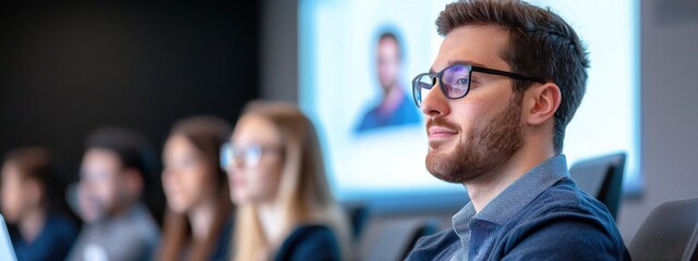Focused Young Man Attending Business Presentation in Modern Office