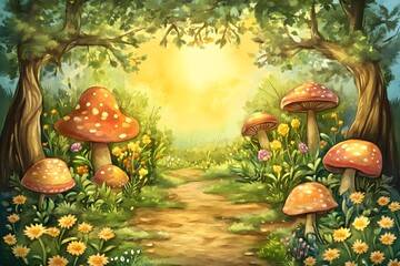 Magical Forest Path with Mushrooms and Flowers