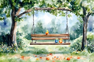 Obraz premium Watercolor Garden Swing Birds Peaceful Serenity Nature