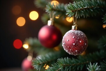 Fototapeta premium Blurred shiny string lights reflecting off frosty glass baubles on a decorated evergreen Christmas tree, sparkling ornaments, frosty glass
