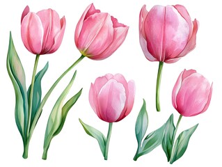 Obraz premium Pink Tulips Watercolor Spring Flowers Botanical Illustration