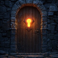 A medieval dungeon door with a glowing keyhole