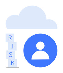 Cloud silhouette above user icon and stacked risk blocks. Ideal for data protection, cybersecurity, cloud solutions, user identity, IT risk analysis, innovation, abstract line flat metaphor