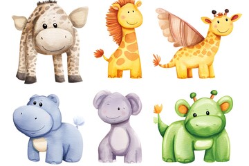Naklejka premium Adorable Watercolor Safari Animals Giraffe Hippo Elephant Set