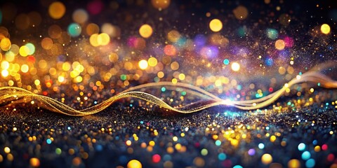 Iridescent Neon Lights, Golden Swirls & Bokeh - Abstract Background Stock Photo