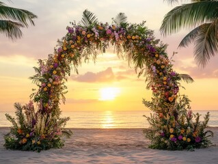 A stunning beach wedding arch adorned with colorful flowers, set against the golden hues of sunset with palm trees surrounding it