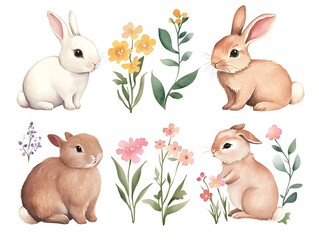 Fototapeta premium Adorable Watercolor Rabbits with Flowers