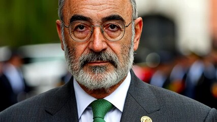 Notable individual with glasses and a beard stands confidently in a formal setting during a public event