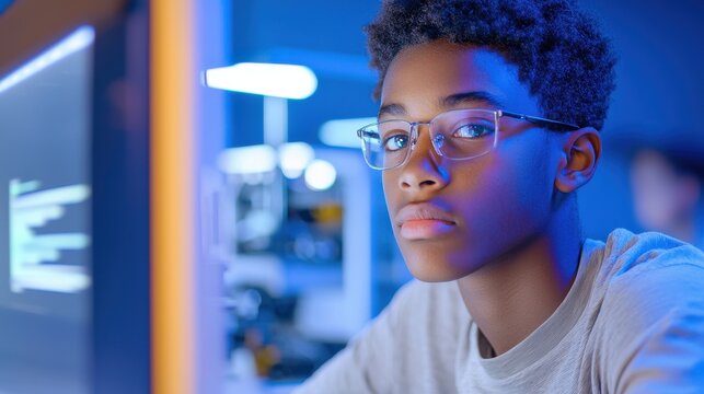 Focused Young Boy with Glasses Concentrating on Computer Screen